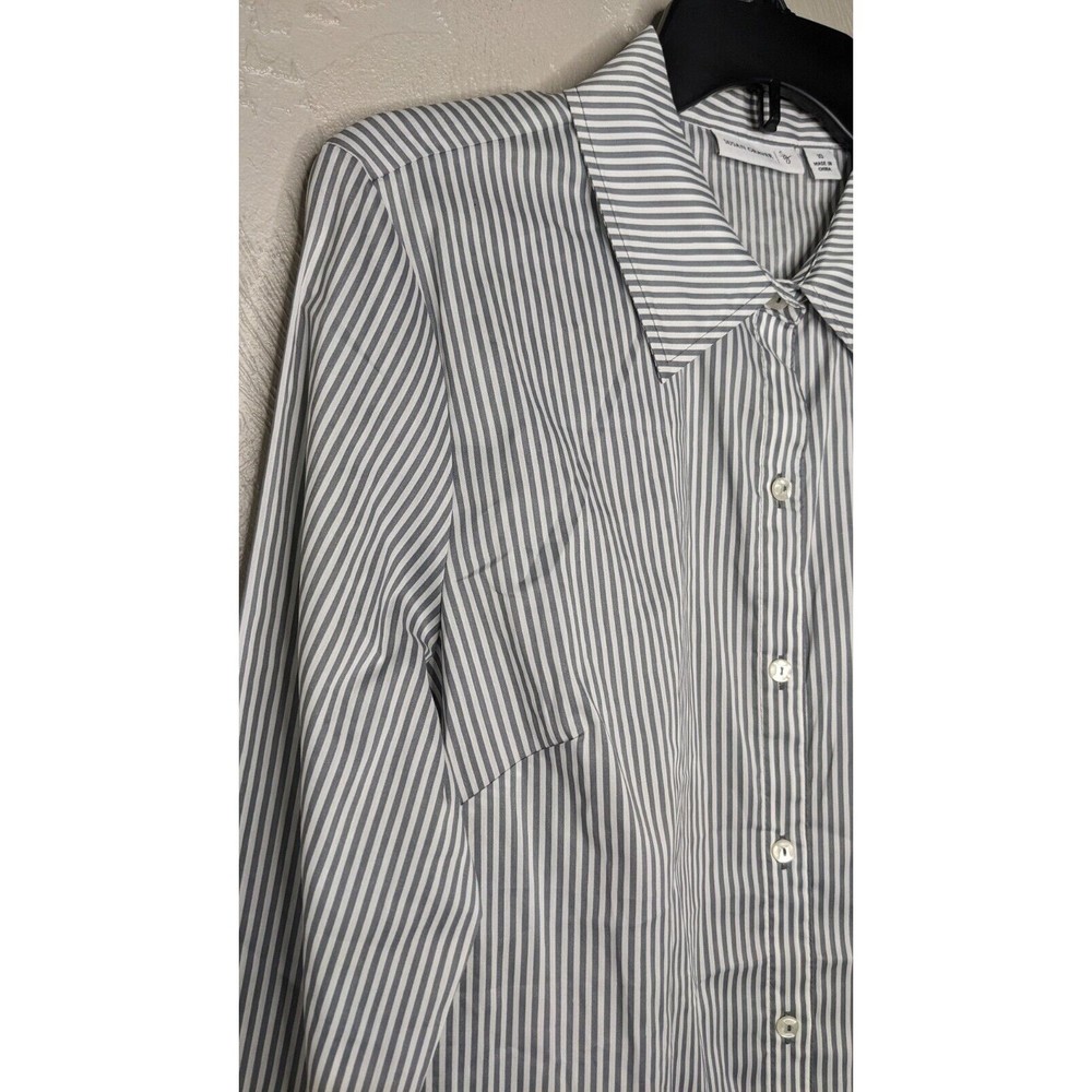 Susan Graver Womens 10 Grey White Striped Stretch Button Front Shirt A267980 - Picture 2 of 5